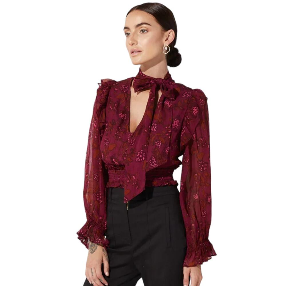 Cleobella Olivia Purple Botanical Floral Print Tie Neck Top